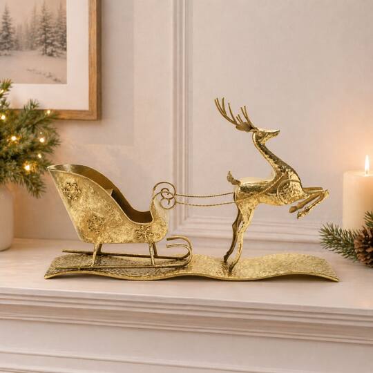 25.5" Hammered Metal Deer with Sleigh